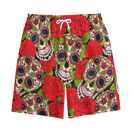 Rose Floral Sugar Skull Pattern Print Cotton Shorts