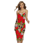 Rose Floral Sugar Skull Pattern Print Cross Back Cami Dress