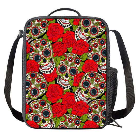 Rose Floral Sugar Skull Pattern Print Crossbody Lunch Bag