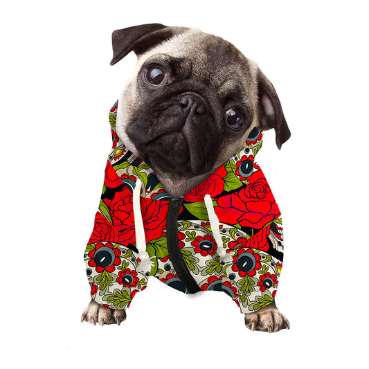 Rose Floral Sugar Skull Pattern Print Dog Zip Up Hoodie
