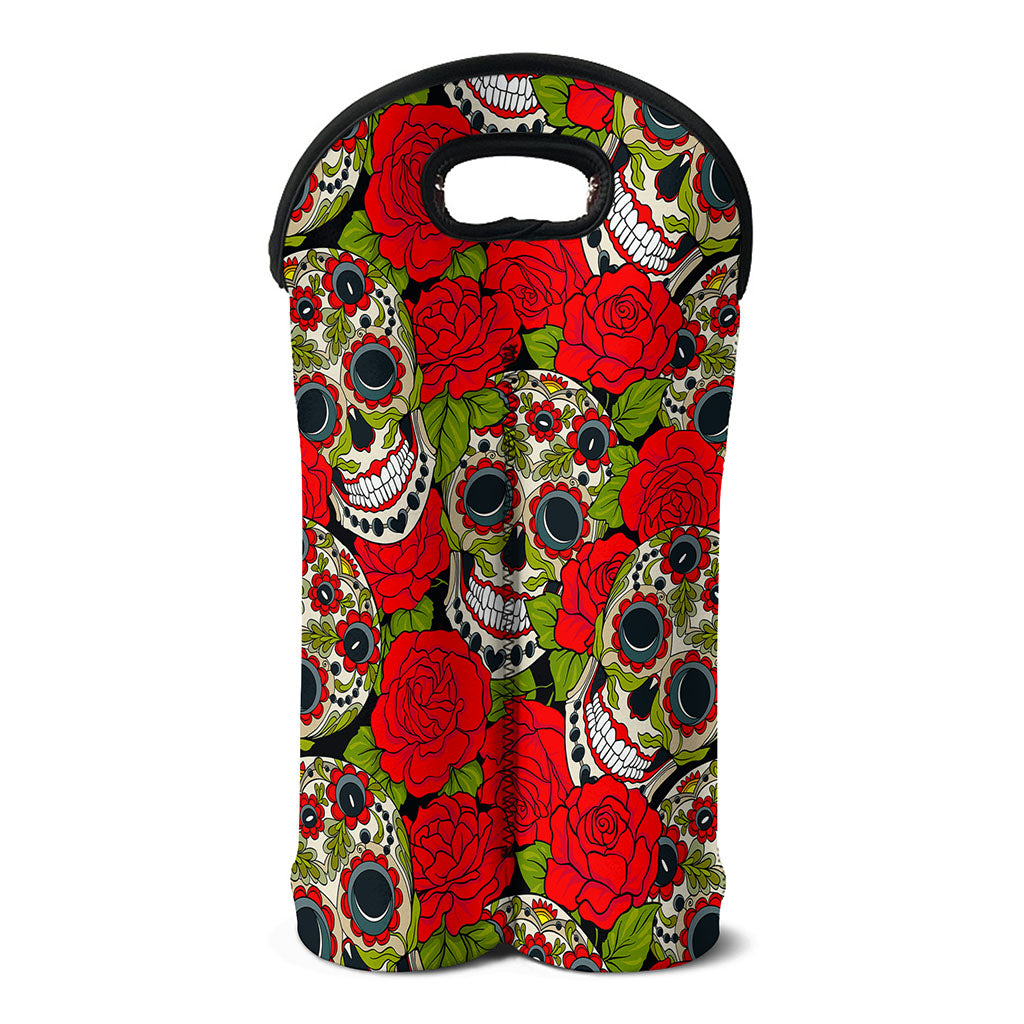 Rose Floral Sugar Skull Pattern Print Double Neoprene Wine Tote