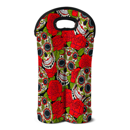 Rose Floral Sugar Skull Pattern Print Double Neoprene Wine Tote