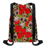 Rose Floral Sugar Skull Pattern Print Drawstring Backpack