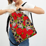 Rose Floral Sugar Skull Pattern Print Drawstring Backpack