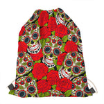 Rose Floral Sugar Skull Pattern Print Drawstring Bag