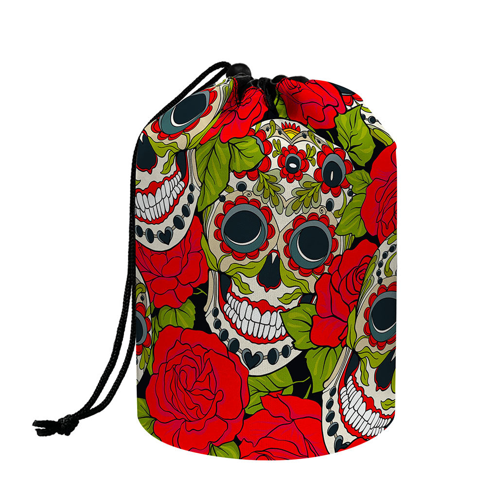 Rose Floral Sugar Skull Pattern Print Drawstring Makeup Bag