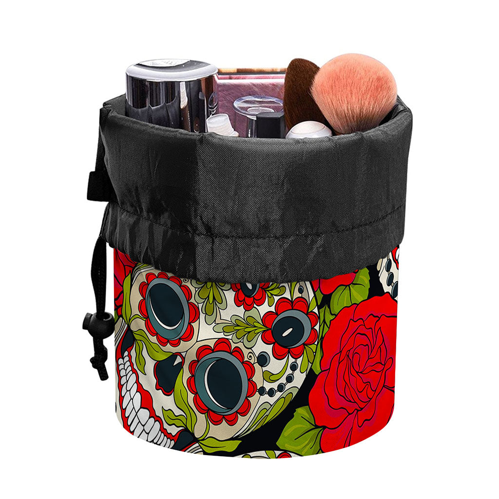 Rose Floral Sugar Skull Pattern Print Drawstring Makeup Bag