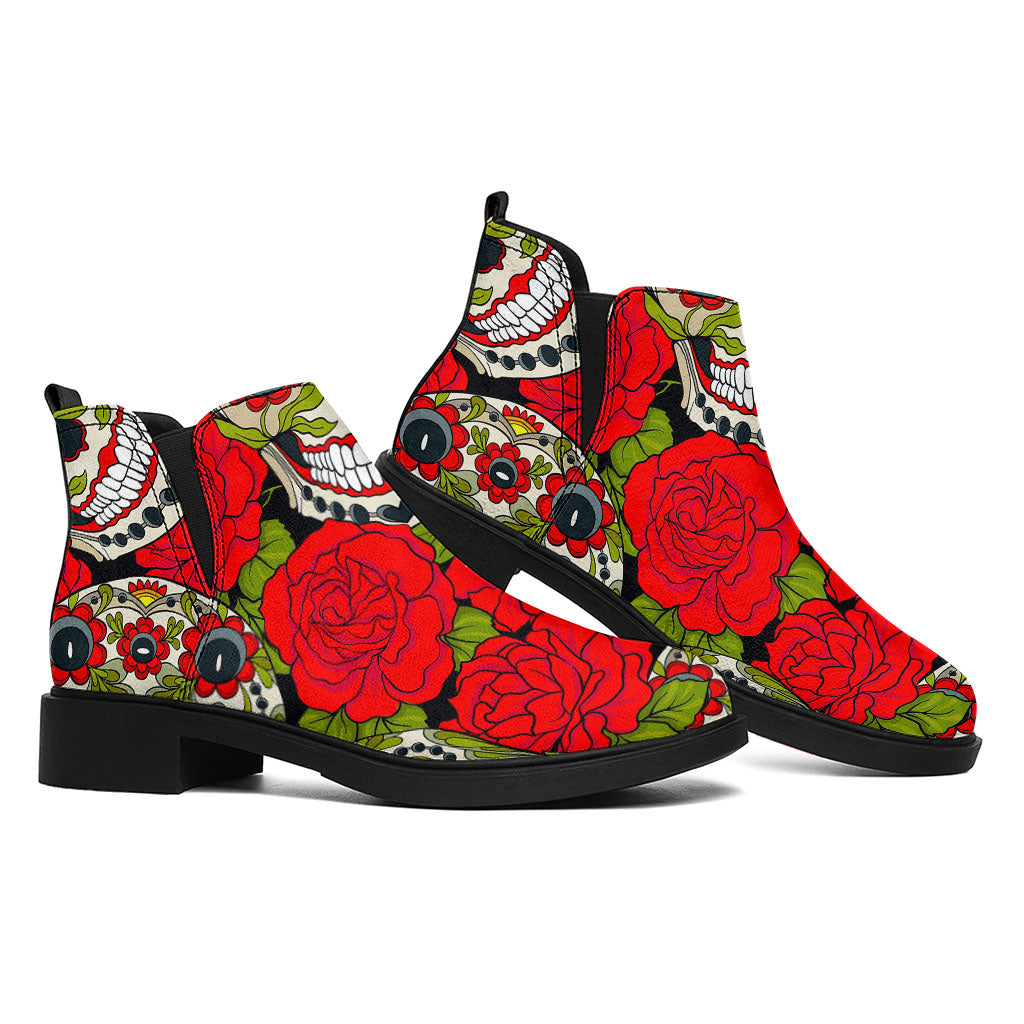 Rose Floral Sugar Skull Pattern Print Flat Ankle Boots