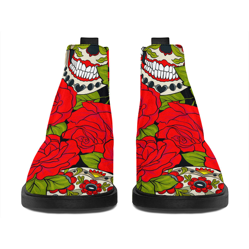 Rose Floral Sugar Skull Pattern Print Flat Ankle Boots