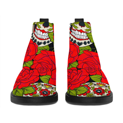 Rose Floral Sugar Skull Pattern Print Flat Ankle Boots