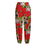 Rose Floral Sugar Skull Pattern Print Fleece Lined Knit Pants