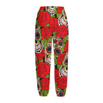 Rose Floral Sugar Skull Pattern Print Fleece Lined Knit Pants