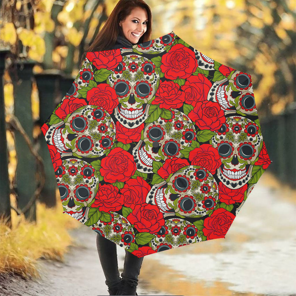 Rose Floral Sugar Skull Pattern Print Foldable Umbrella