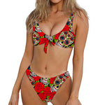 Rose Floral Sugar Skull Pattern Print Front Bow Tie Bikini