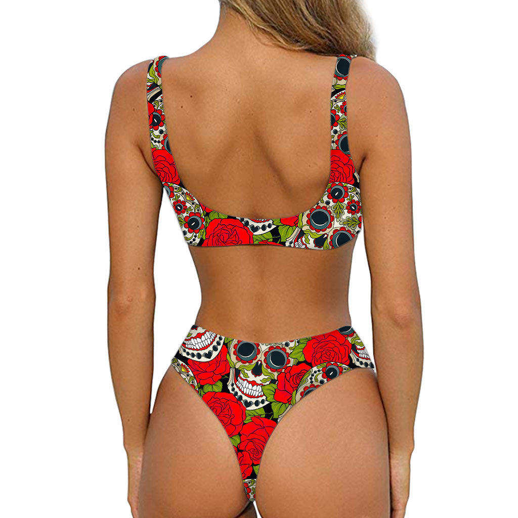 Rose Floral Sugar Skull Pattern Print Front Bow Tie Bikini