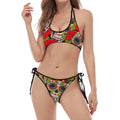 Rose Floral Sugar Skull Pattern Print Halter Scoop Tie Side Bikini
