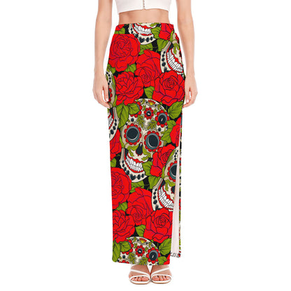 Rose Floral Sugar Skull Pattern Print High Slit Maxi Skirt