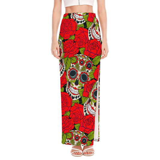 Rose Floral Sugar Skull Pattern Print High Slit Maxi Skirt