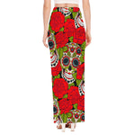 Rose Floral Sugar Skull Pattern Print High Slit Maxi Skirt