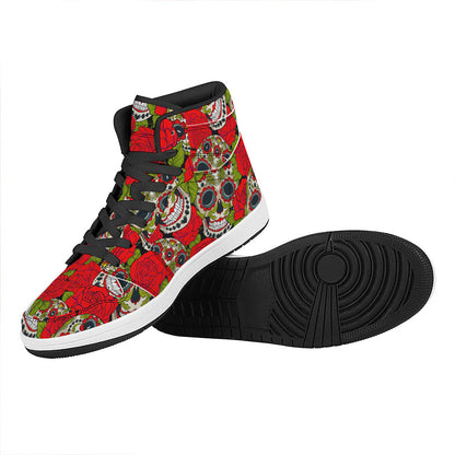 Rose Floral Sugar Skull Pattern Print High Top Leather Sneakers