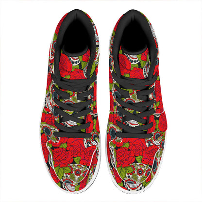 Rose Floral Sugar Skull Pattern Print High Top Leather Sneakers