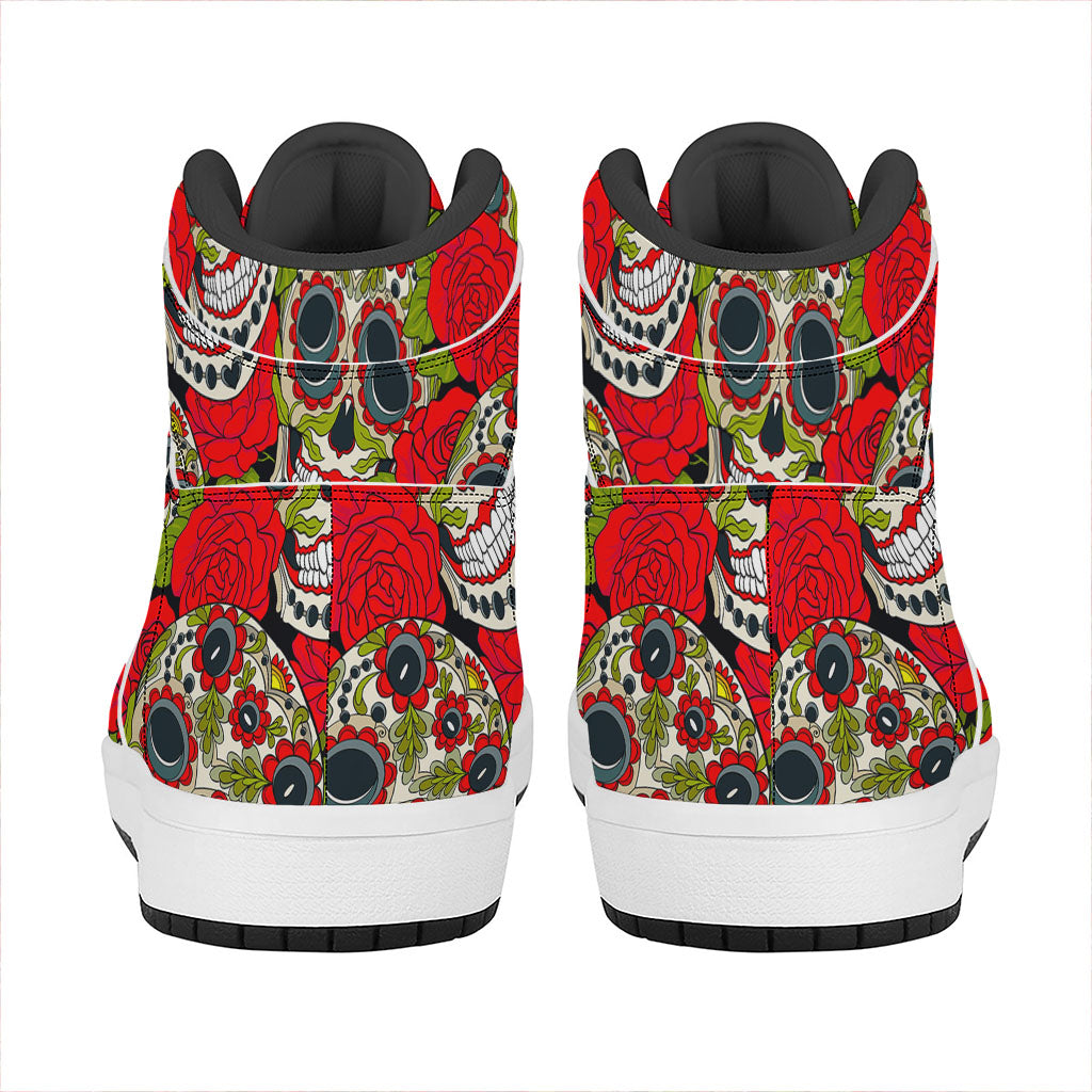 Rose Floral Sugar Skull Pattern Print High Top Leather Sneakers