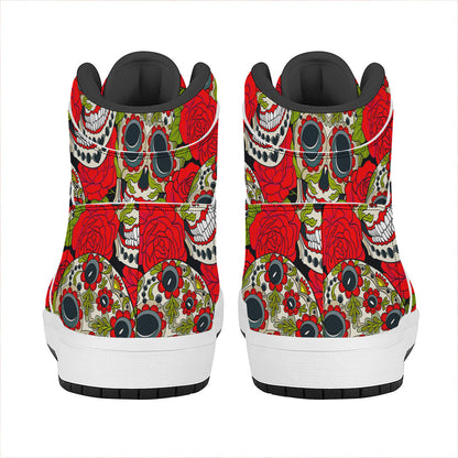 Rose Floral Sugar Skull Pattern Print High Top Leather Sneakers