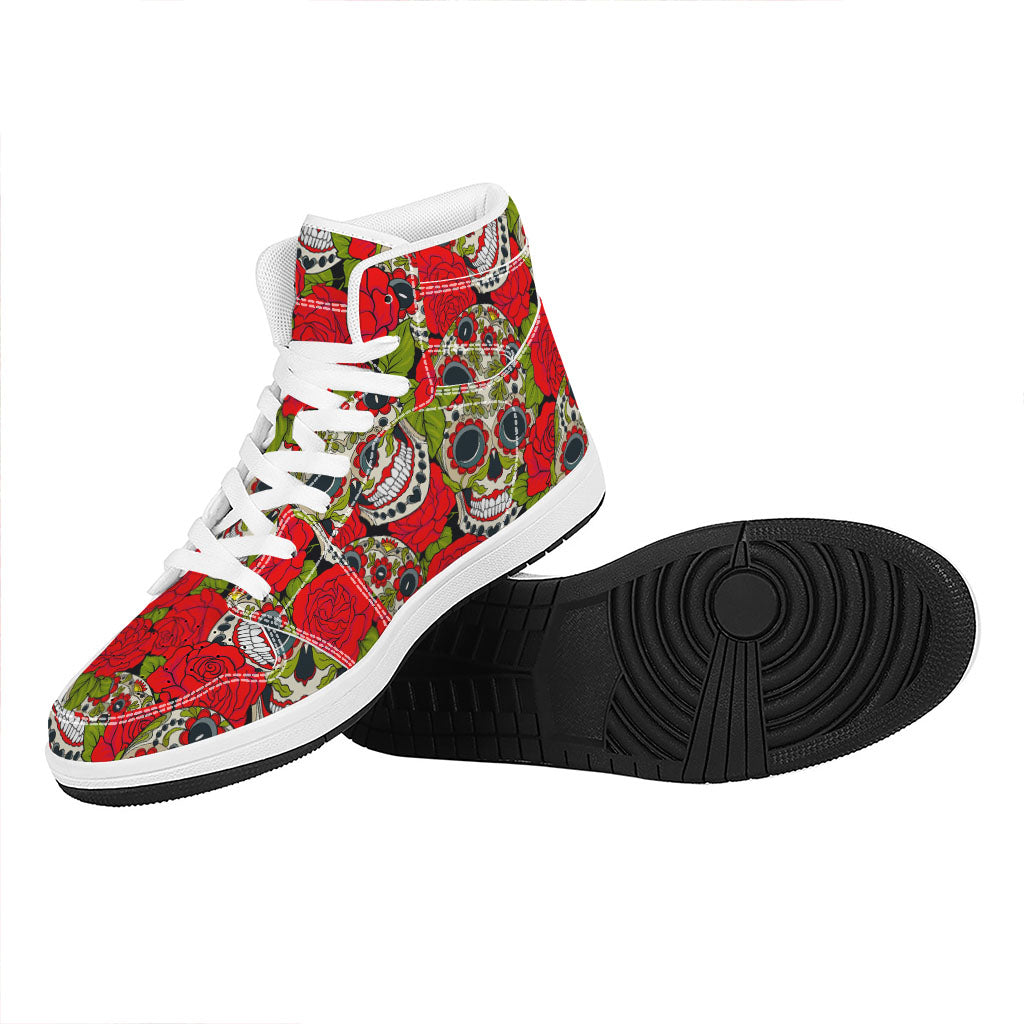 Rose Floral Sugar Skull Pattern Print High Top Leather Sneakers