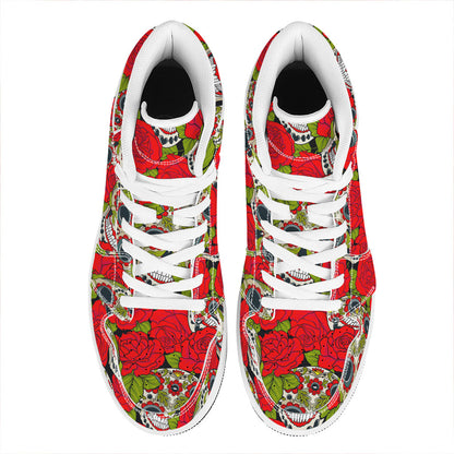 Rose Floral Sugar Skull Pattern Print High Top Leather Sneakers