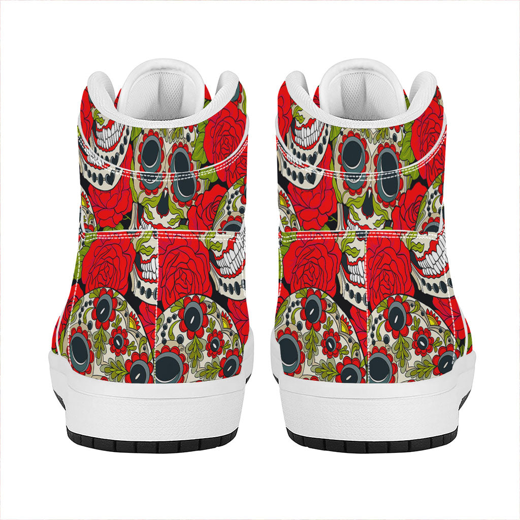 Rose Floral Sugar Skull Pattern Print High Top Leather Sneakers