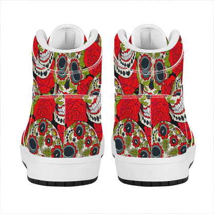 Rose Floral Sugar Skull Pattern Print High Top Leather Sneakers