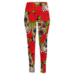 Rose Floral Sugar Skull Pattern Print High-Waisted Pocket Leggings