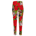 Rose Floral Sugar Skull Pattern Print High-Waisted Pocket Leggings