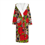 Rose Floral Sugar Skull Pattern Print Hooded Bathrobe