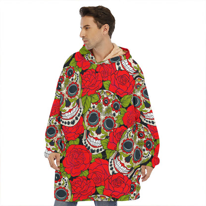 Rose Floral Sugar Skull Pattern Print Hoodie Blanket