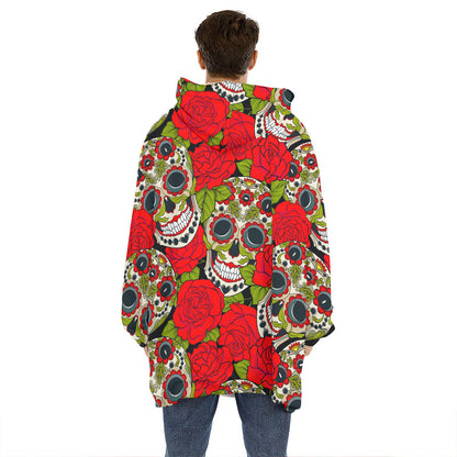 Rose Floral Sugar Skull Pattern Print Hoodie Blanket