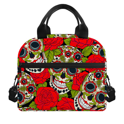 Rose Floral Sugar Skull Pattern Print Insulated Lunch Bag