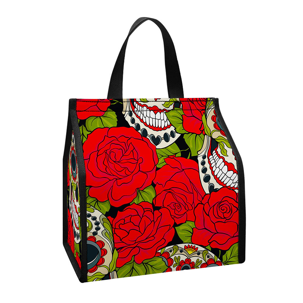 Rose Floral Sugar Skull Pattern Print Insulated Lunch Tote