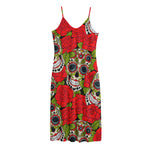 Rose Floral Sugar Skull Pattern Print Jersey Midi Cami Dress