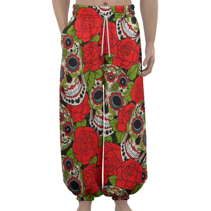 Rose Floral Sugar Skull Pattern Print Lantern Pants