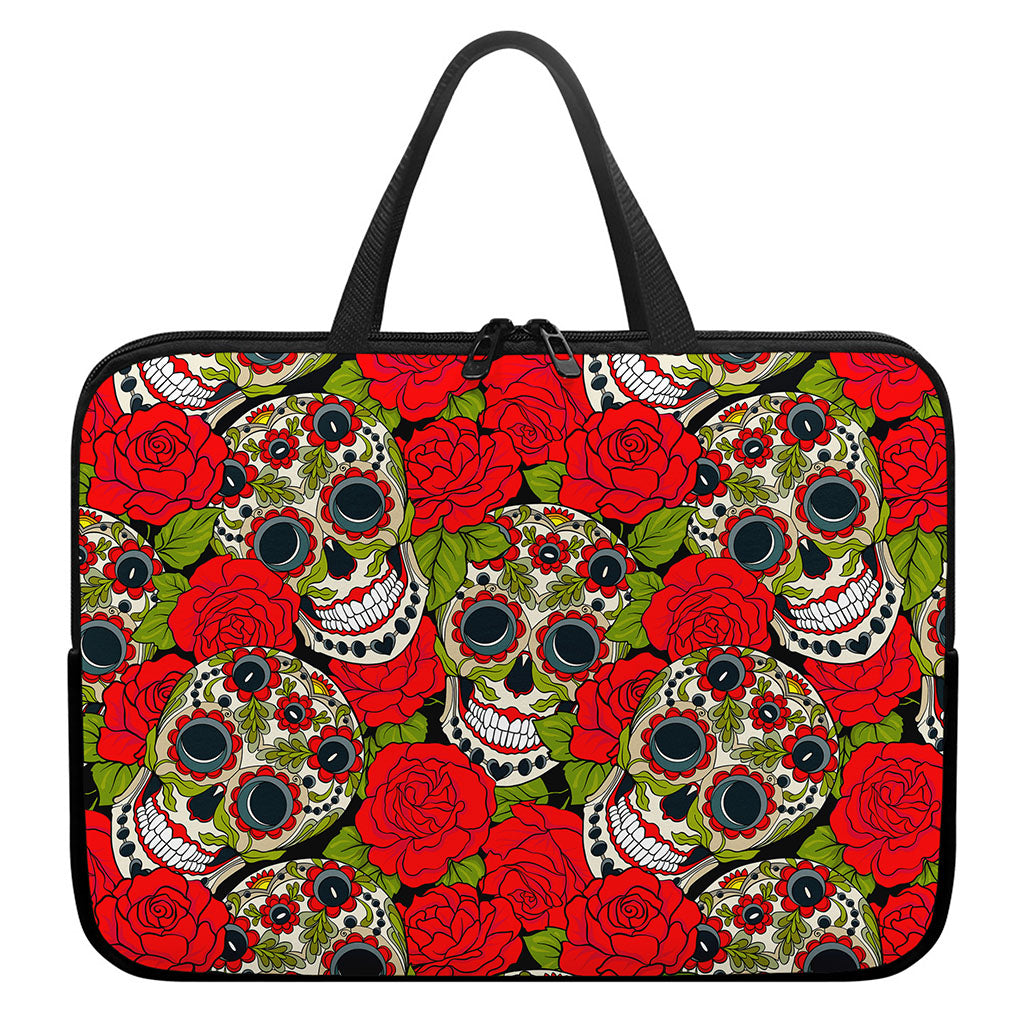 Rose Floral Sugar Skull Pattern Print Laptop Sleeve With Handle