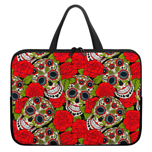 Rose Floral Sugar Skull Pattern Print Laptop Sleeve With Handle