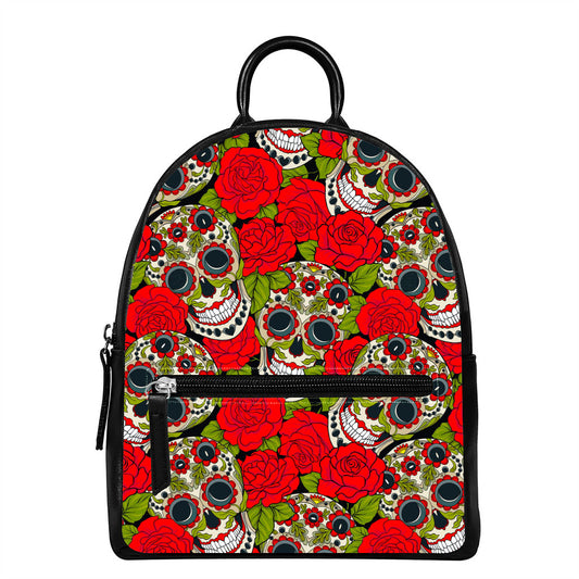 Rose Floral Sugar Skull Pattern Print Leather Backpack