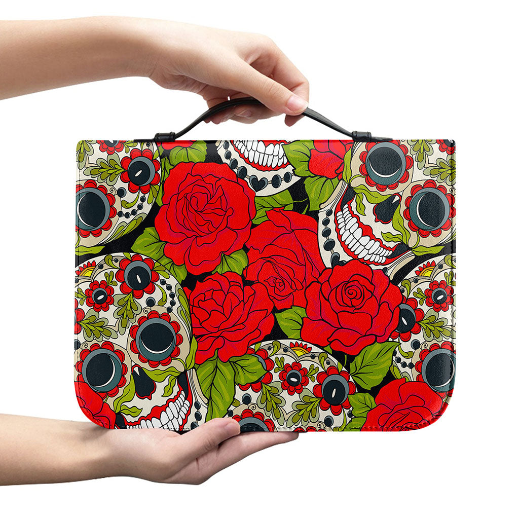 Rose Floral Sugar Skull Pattern Print Leather Bible Cover