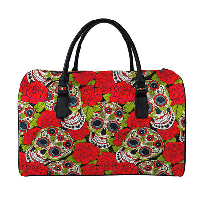 Rose Floral Sugar Skull Pattern Print Leather Duffle Bag