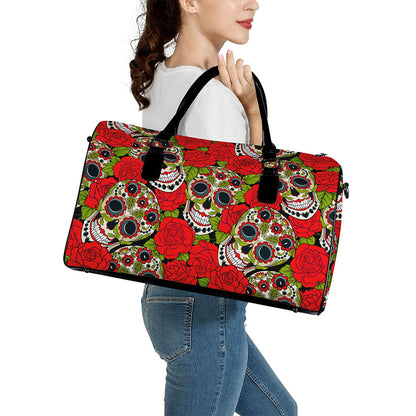Rose Floral Sugar Skull Pattern Print Leather Duffle Bag
