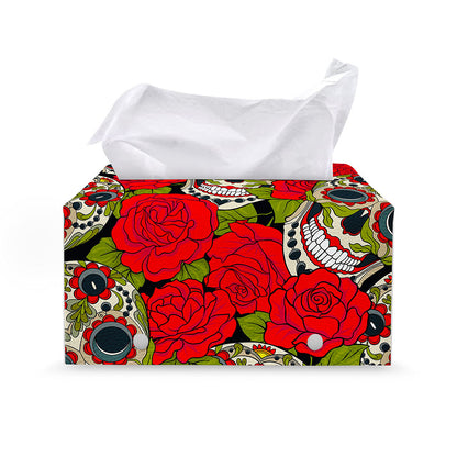 Rose Floral Sugar Skull Pattern Print Leather Tissue Box Cover