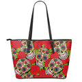 Rose Floral Sugar Skull Pattern Print Leather Tote Bag With Zipper