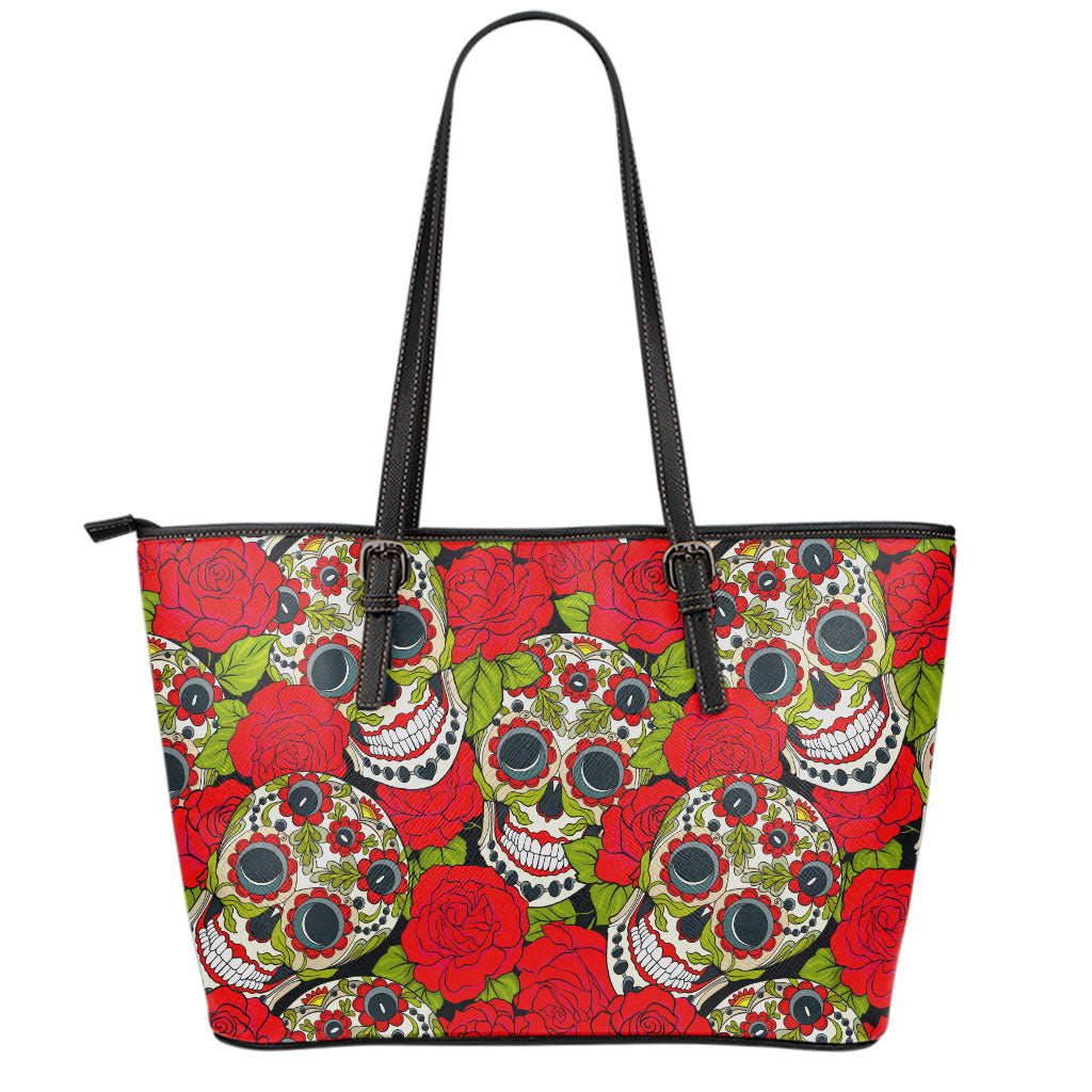 Rose Floral Sugar Skull Pattern Print Leather Tote Bag