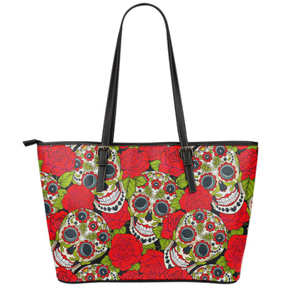 Rose Floral Sugar Skull Pattern Print Leather Tote Bag